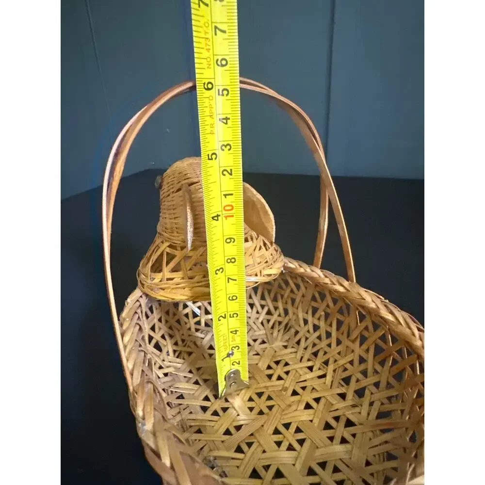 Vintage Wicker Bunny Rabbit Basket With Handle Honey Colored Bamboo Handcrafted